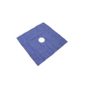 Paño quirúrgico fenestrado estéril azul.